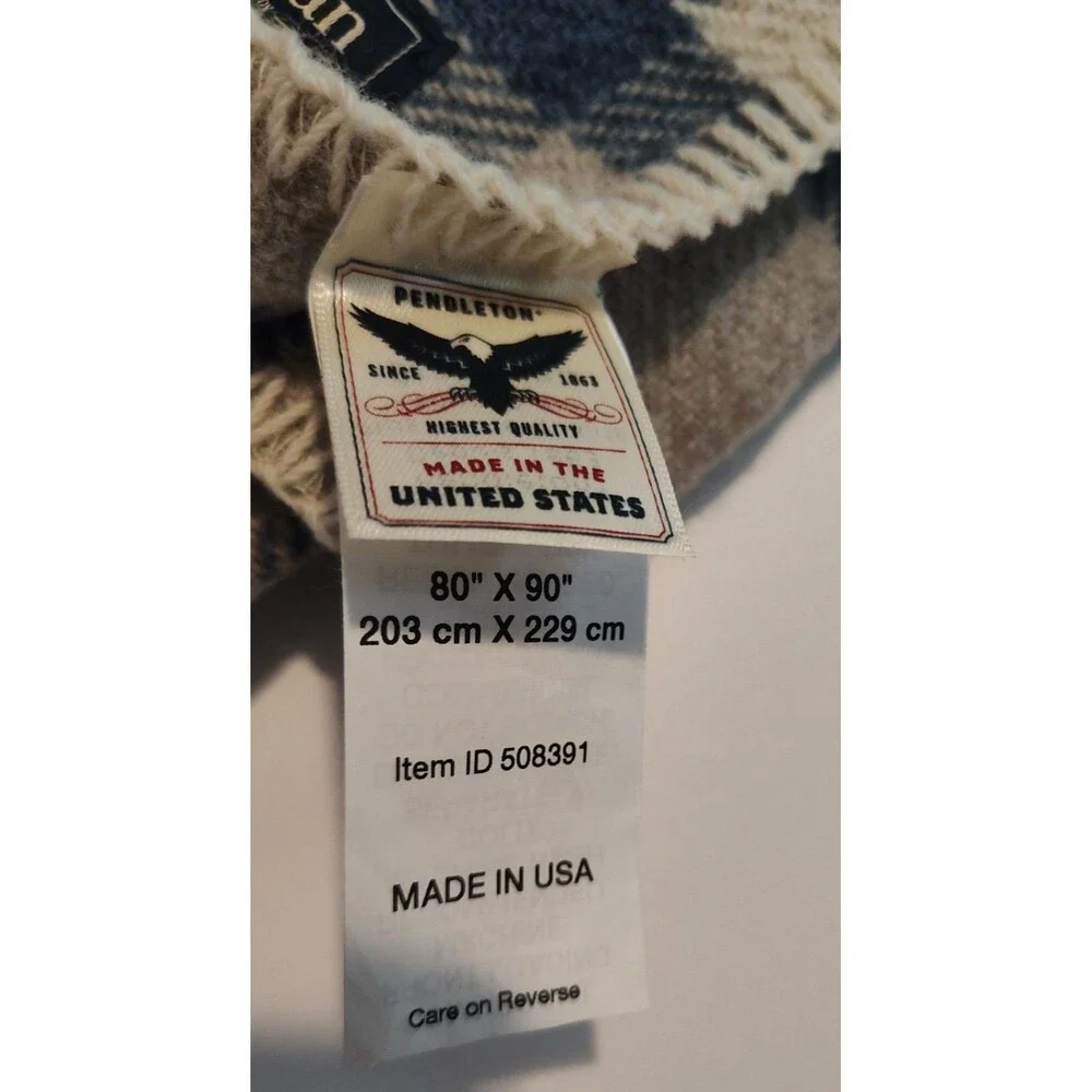 Pendleton LL Bean Washable Wool Full Size Blanket Blue Tan Cream 80” x 90” Plaid